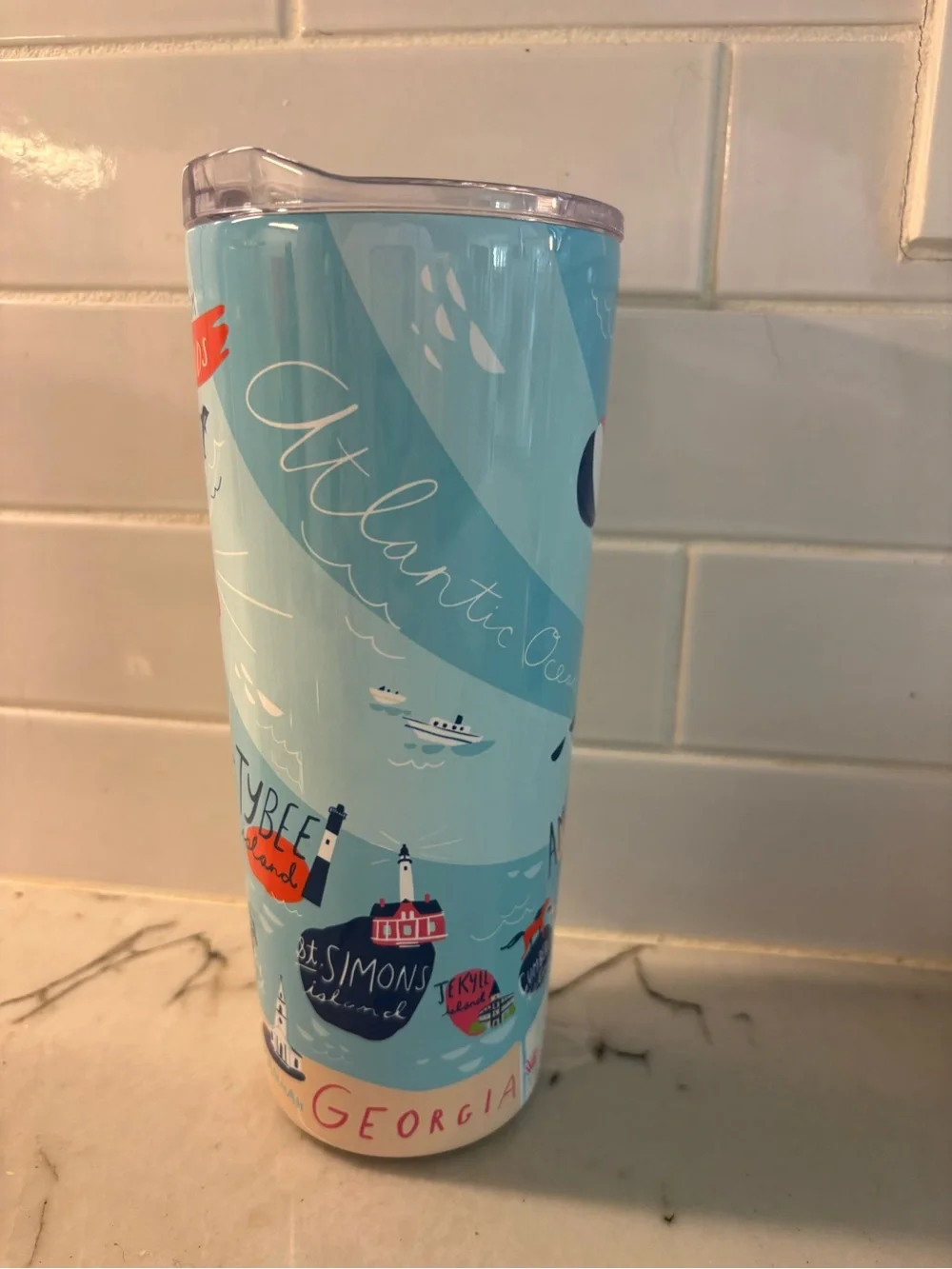 Spartina 449 Light Blue and Red Sea Islands Travel Tumbler